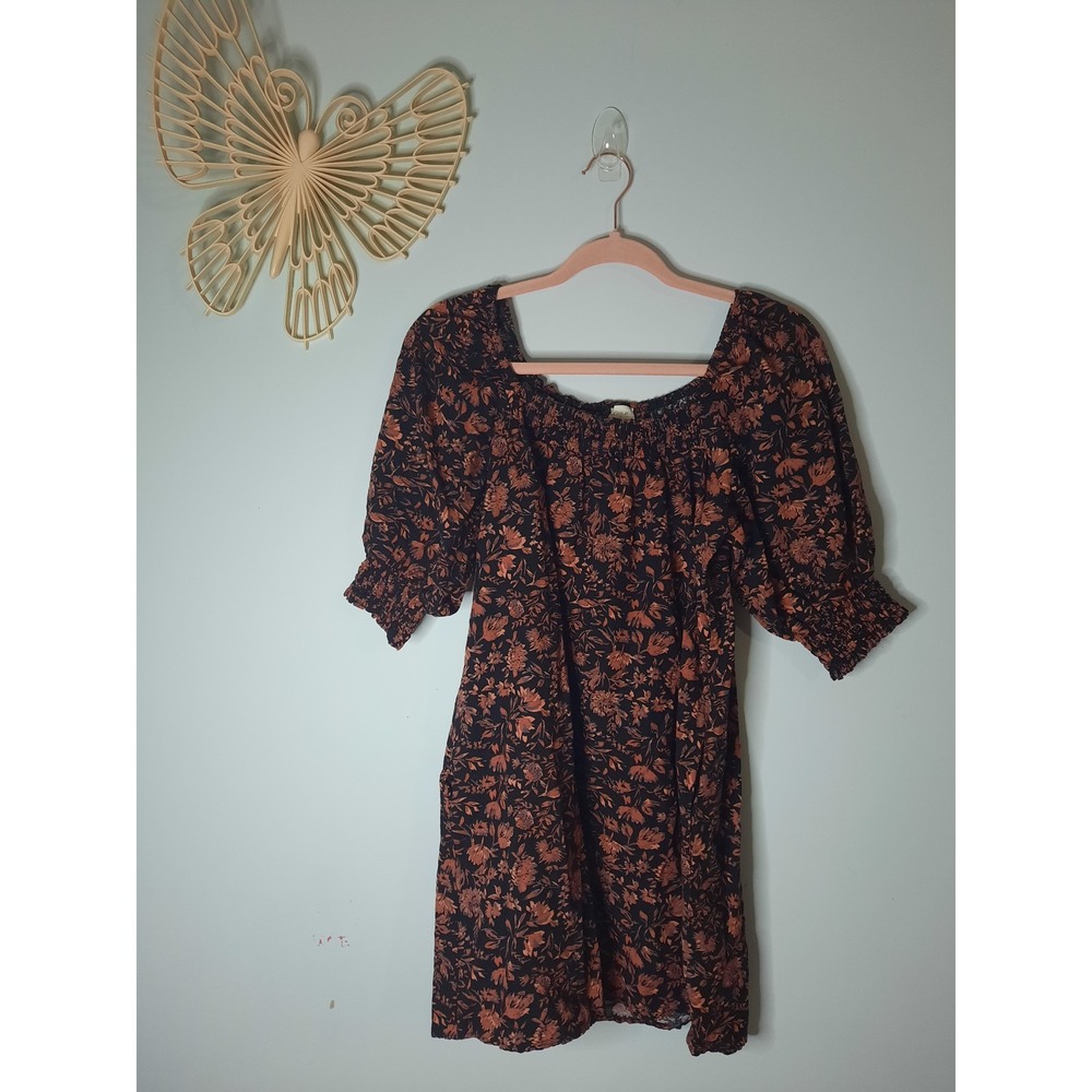 Roan + Ryan Floral Smocked Puff Sleeve Mini Dress Black Rust Medium